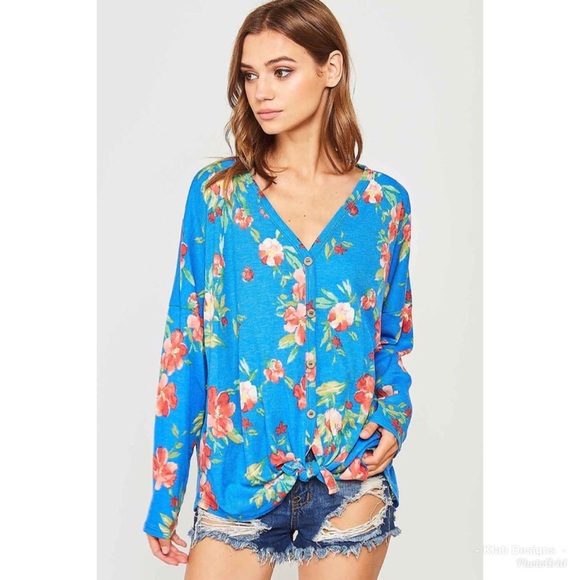 🛍LAST 1! Floral Self Tie Ribbed Knit Top! - Picture 4 of 4